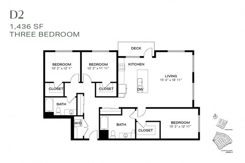 Floor plan for 3 beds, 2 baths, 1436 sqft
